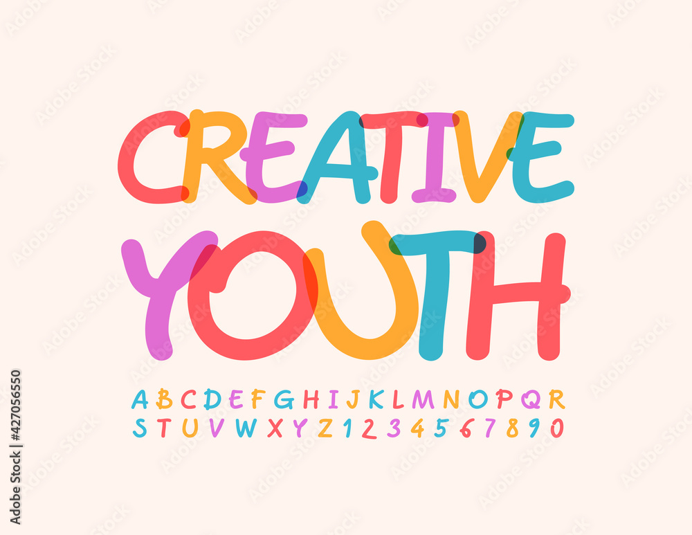 Vector bright banner Creative Youth. Creative set of Alphabet Letters and Numbers. Handwritten colorful Font