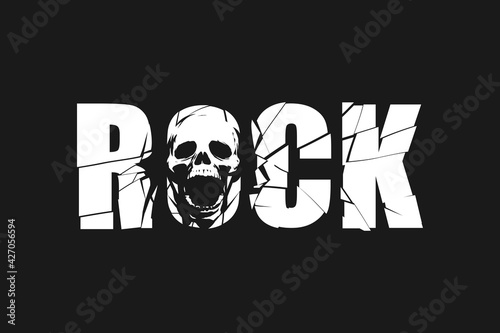 White rock word with skull on black background