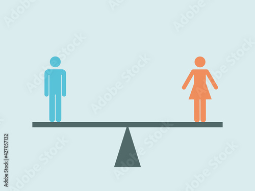 Gender equality. Sexual equality.  Sex ratio. Concept illustration of man and woman standing on an balanced balance scale. photo