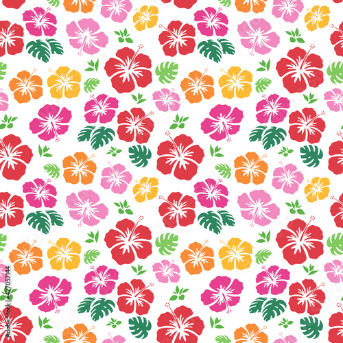 ハイビスカスの花とモンステラのシームレスパターン_イラスト素材_カラフル