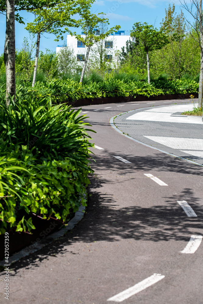 Bicycle road going across green city surroundings marked with broken white lane on a sunny day Bicycle road going across green city surroundings marked with broken white lane on a sunny day