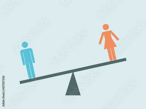 Gender inequality. Sexual inequality. Sexism Concept illustration of man and woman standing on an unbalanced scales. photo