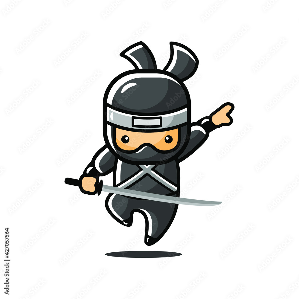 Obraz premium Little cartoon ninja jump use one sword
