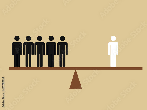 Unequal numbers of black and white people on the scales. Population imbalance. Racial discrimination. Unequal human rights.