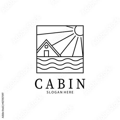 Cabin line art logo badge vector illustration design