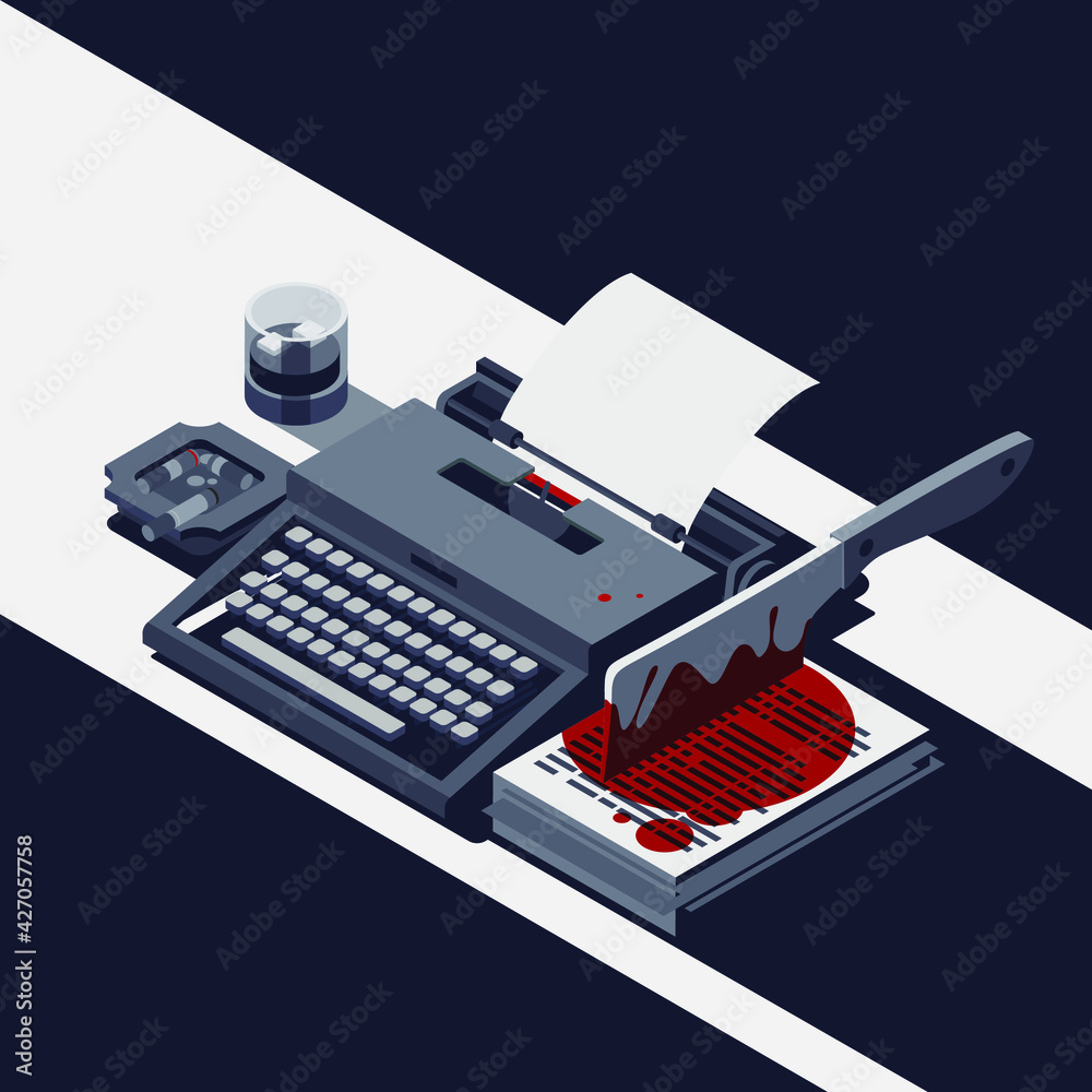 Horror movie concept: vintage typewriter and cleaver with blood