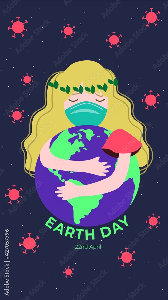 Girl holding earth with mask, Happy Earth Day with Coronavirus Banner Illustration