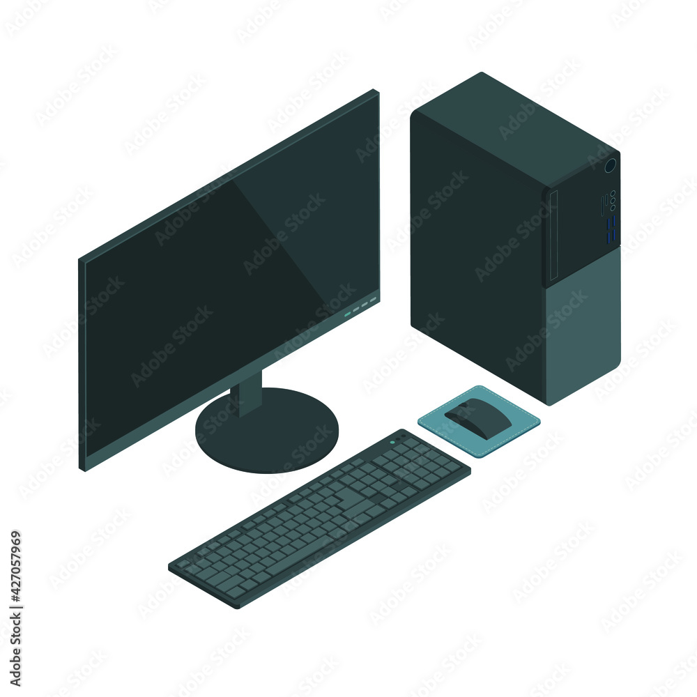 Isometric computer workstation with keyboard and mouse