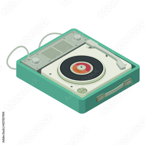 Isometric vintage turntable on white background