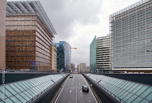 Street traffic in Brussels near European Commission building. Rue de la Loi, Bruxelles, Belgium