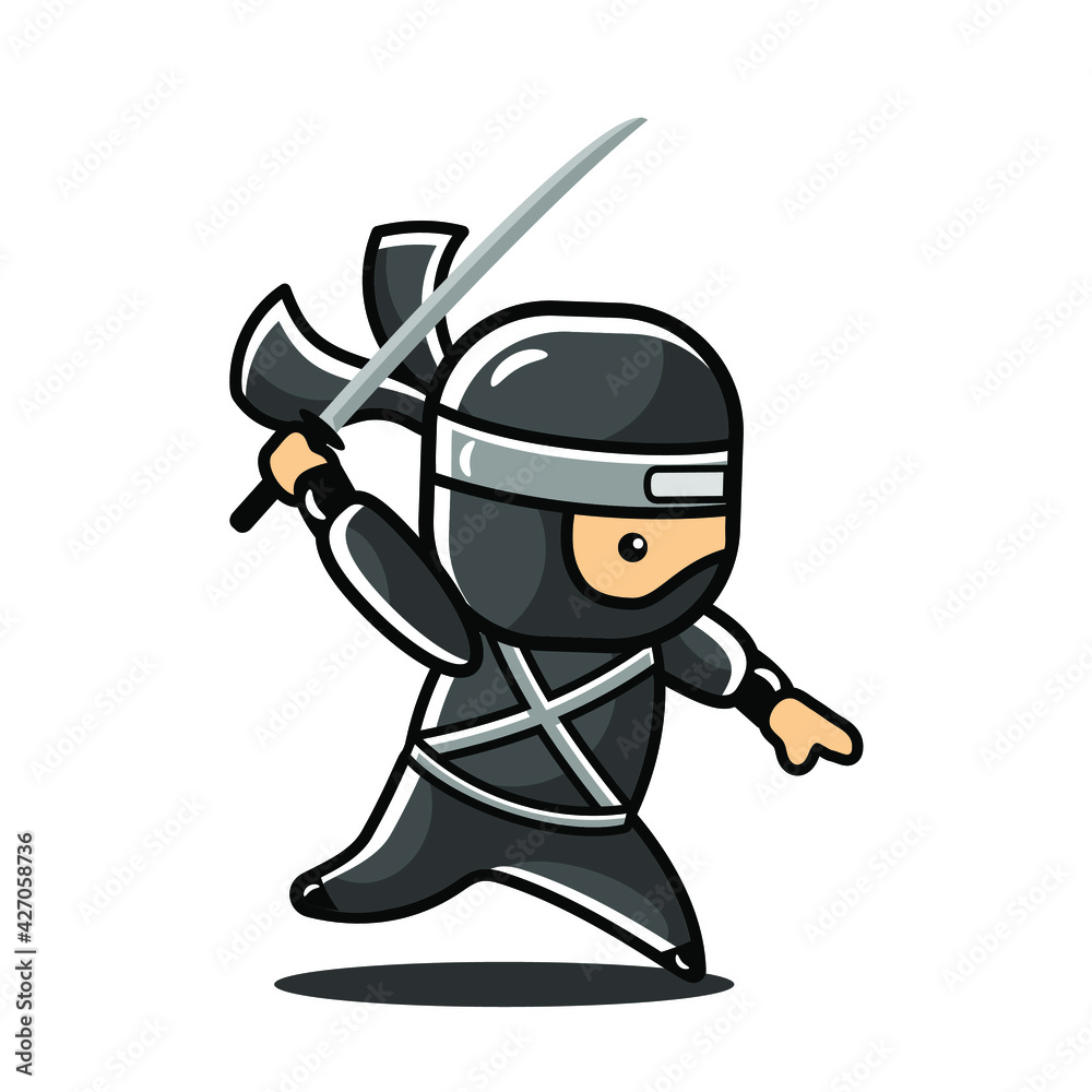 little cartoon black ninja ready to throw a sword little cartoon black ninja ready to throw a sword