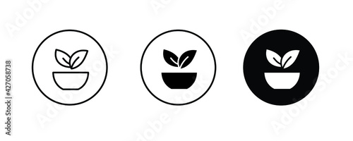 Organic ingredients green leaf bowl. vegan food or natural food ingredients, organic bio pharmacy and natural skin care cosmetic product icons editable stroke, flat design style isolated on white 