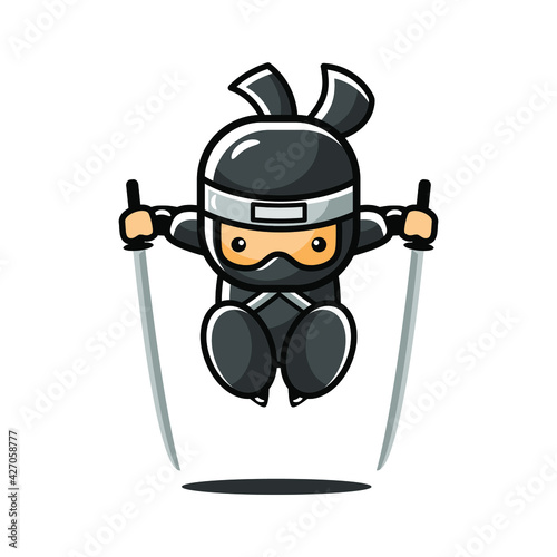 Cartoon little black ninja use two swords and jump attack
