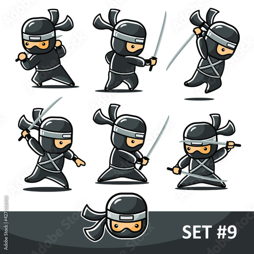 little cartoon black ninja with six different moves 9