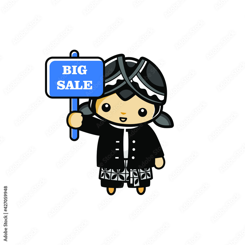 Cartoon javanese mascot with high flag of sale sign, use laptop and megaphone to promote