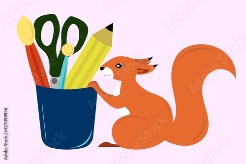 the squirrel holds a stationery in its paws - pencils, brushes, scissors, a glass