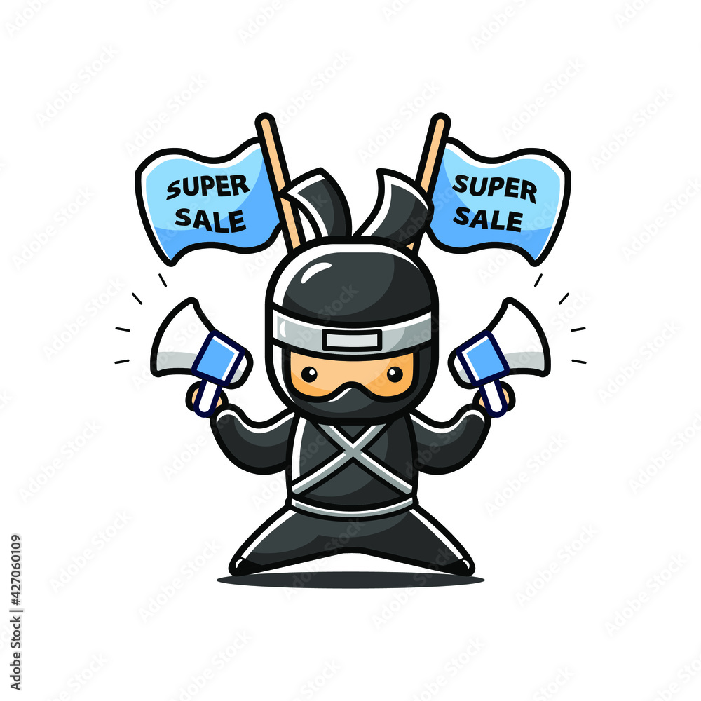 Cartoon little ninja doing bussines to promote sale, big sale and shopping Cartoon little ninja doing bussines to promote sale, big sale and shopping