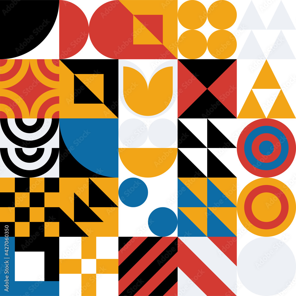Seamless Bauhaus Abstract vector background. Retro geometric pattern. Simple shapes mosaic. Seamless Bauhaus Abstract vector background. Retro geometric pattern. Simple shapes mosaic.