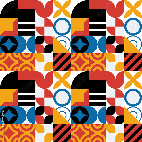 Seamless Bauhaus Abstract vector background. Retro geometric pattern. Simple shapes mosaic.