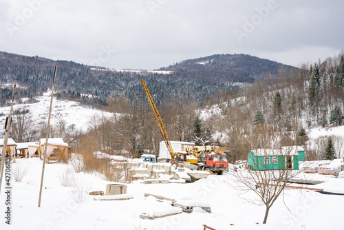Construction site at the foot of the mountains in the forest. Tustan. Carpathians. Ukraine.