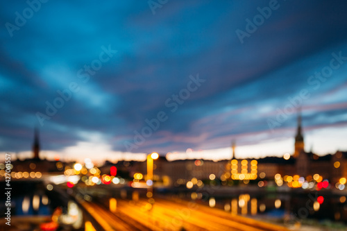 Stockholm, Sweden. Night Skyline Abstract Boke Bokeh Background. Design Backdrop. Night Lighting