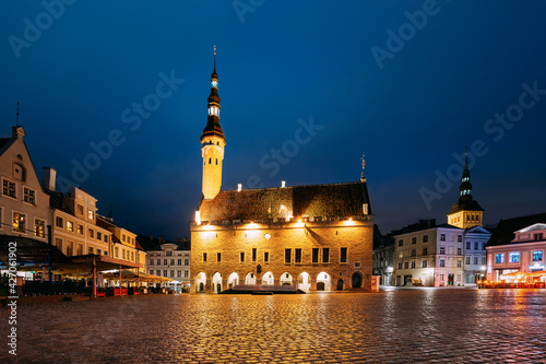 Tallinn, Estonia. Famous Old Traditional Town Hall Square Evening. Famous Landmark And Popular Place. Destination Scenic