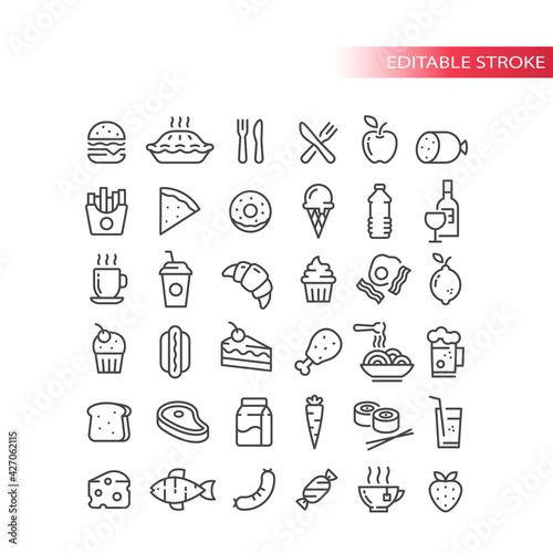 Fast food, drink and groceries line vector icon set. Eggs, bacon, burger fries outline symbols, editable stroke.