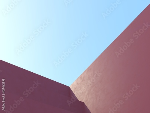 Red Architectural construction on blue sky. 3d render illustration. Simple angle  empty space for advertising text. Bright summer color. 