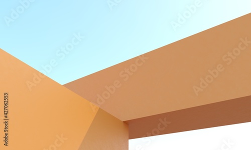 Architectural construction on blue sky. 3d render illustration. Simple angle, empty space for advertising text. Bright summer yellow color. 