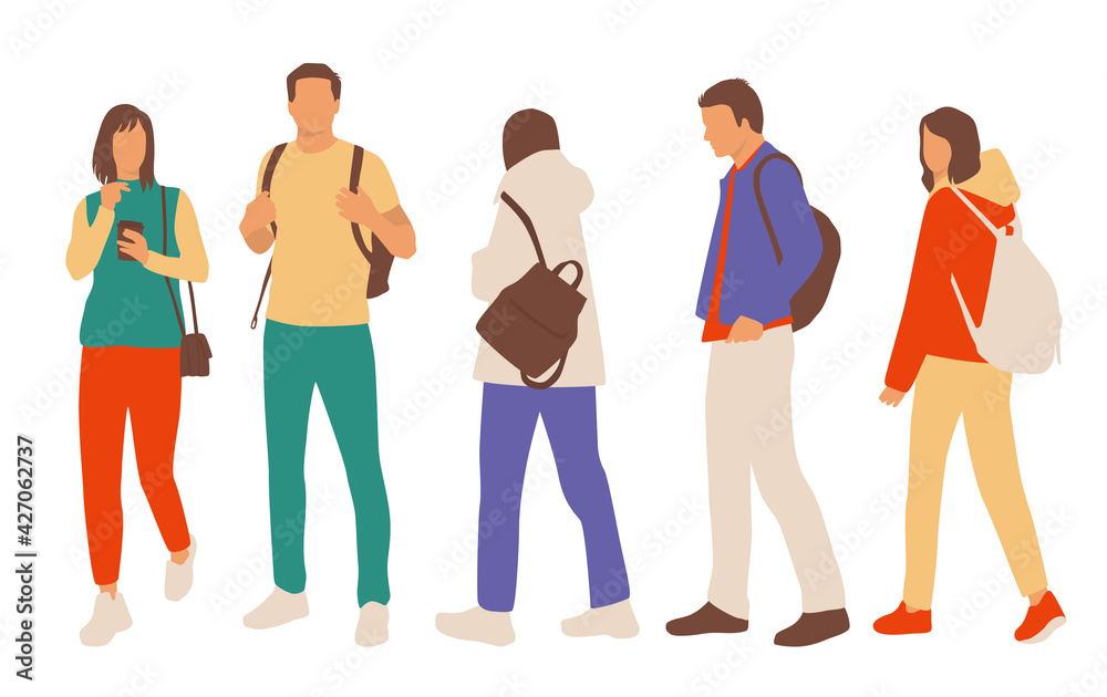 Fototapeta premium Set of young men and women, travel with backpack, cartoon character, group of silhouettes of standing and walking business people, students, the design concept of flat icon, isolated on white 