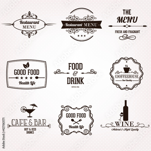 set of professional calligraphic restaurant menu labels, stamp, and badge elements