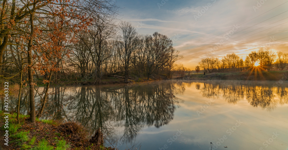 Nature pools near Budweis city in sunrise color spring morning