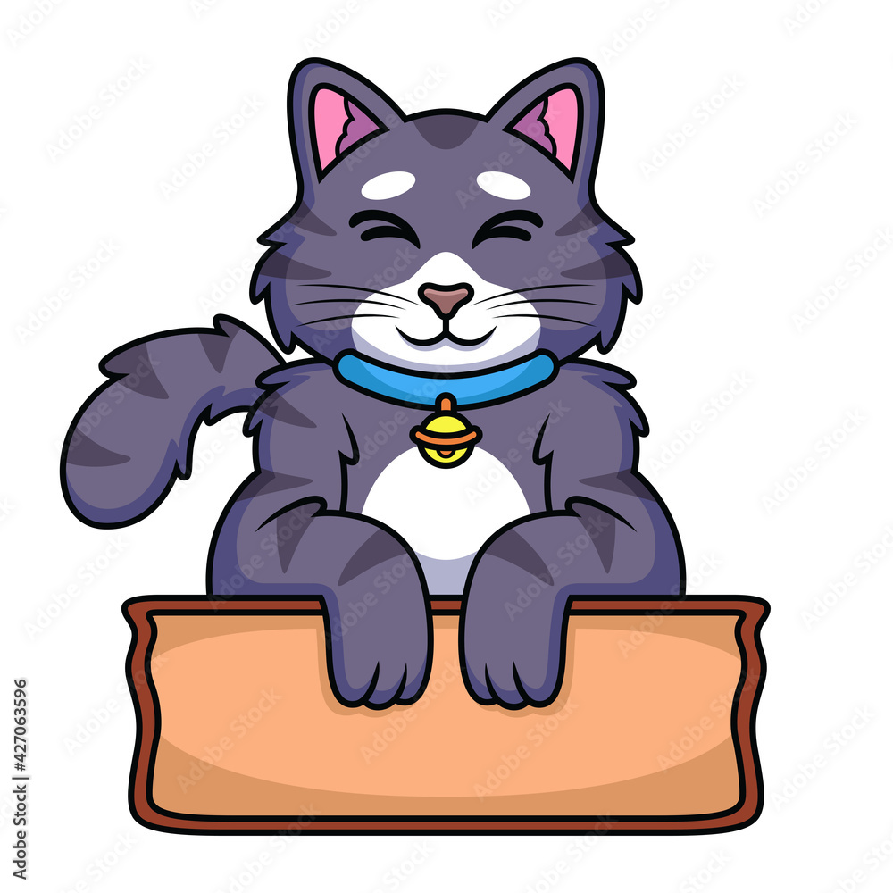 Cat Cartoon with Wood Sign. Animal Vector Icon Illustration, Isolated on Premium Vector Cat Cartoon with Wood Sign. Animal Vector Icon Illustration, Isolated on Premium Vector