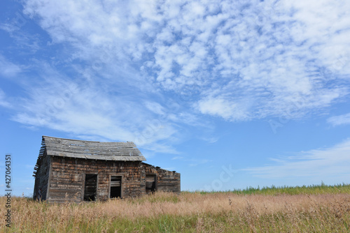 Abandoned prairie farm house in summer near Mossleigh Alberta