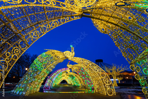 Christmas (New Year holidays) decoration in Moscow (at night), Russia-- near the Big Moscow Circus on Vernadskogo Prospekt. photo