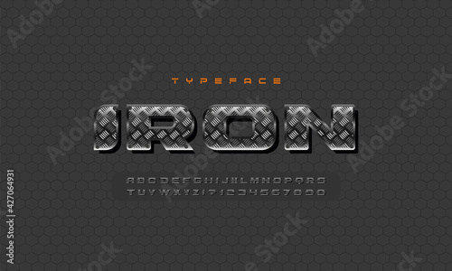 Metal font. Letters with metal textures and shadows. Futuristic iron font. 3D vector illustration.