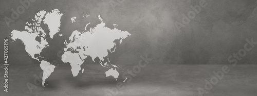 World map on concrete wall background. 3D illustration. Horizontal banner