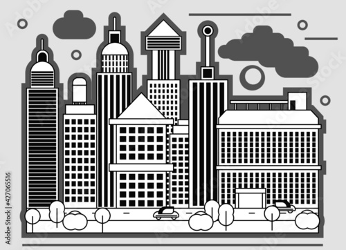 sketch of the city in gray and black, in the style of minimalism