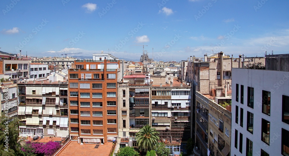 View of Barcelona city cityscape with Sagrada Familia church. Barcelona, Spain View of Barcelona city cityscape with Sagrada Familia church. Barcelona, Spain