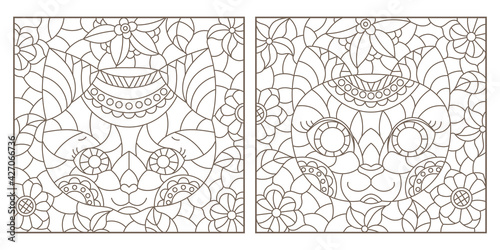 Set of contour illustrations of stained glass windows with portraits of kittens and flowers, dark outlines on a white background, rectangular images