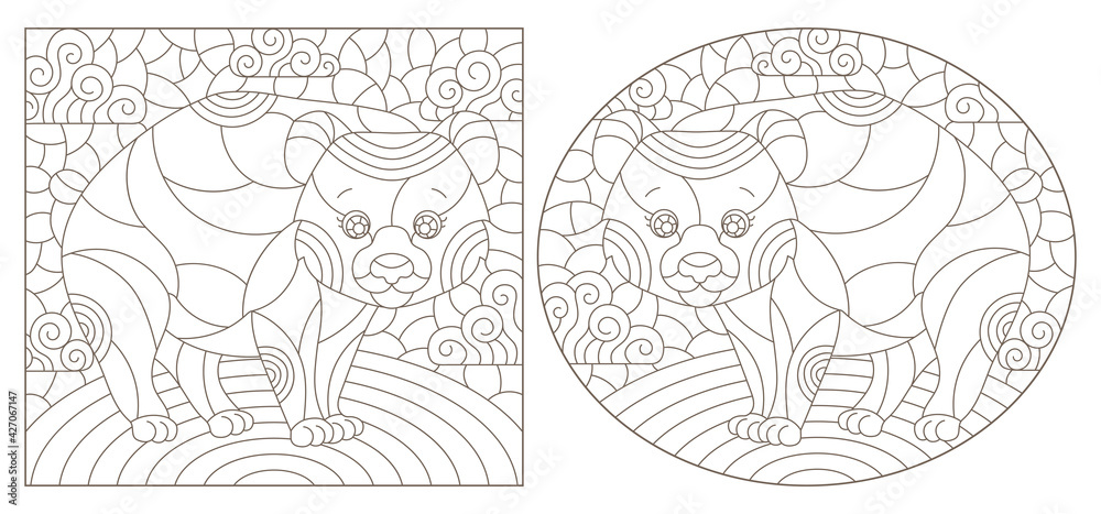 Set of contour illustrations in the style of stained glass with cute cartoon bears, dark outlines on a white background Set of contour illustrations in the style of stained glass with cute cartoon bears, dark outlines on a white background
