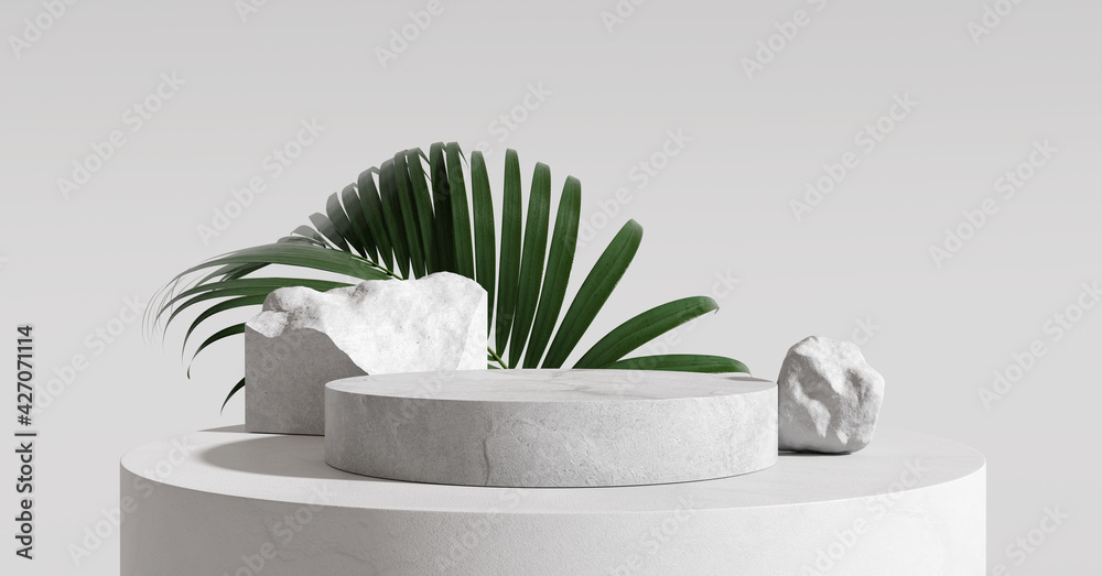 Product display podium with nature leaves on white background. 3D ...