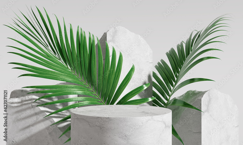 Product display podium with nature leaves on white background. 3D ...