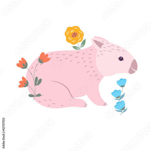 Pink wombat with flowers cartoon vector illustration. Australian cute marsupial animal icon isolated on white background. Aussie nature bear. Funny kids icon. Nursery art print