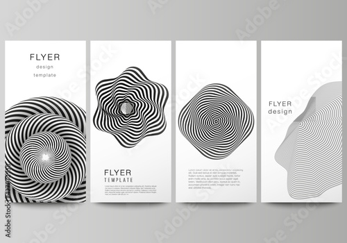 The minimalistic vector illustration of the editable layout of flyer, banner design templates. Abstract 3D geometrical background with optical illusion black and white design pattern.
