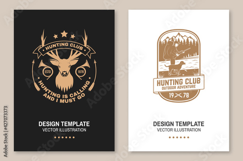 Set of Hunting club badge. Vector. Flyer, brochure, banner, poster design with deer and hunting horn, hunter, dog, hunting gun, mountains and forest. Outdoor adventure hunt club emblem