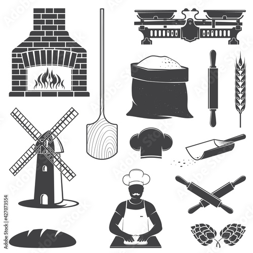 Set of Bakery equipment icon silhouette. Vector. Set include windmill, old oven, wooden bread shovel, dough, hop, baker and balance scale isolated on the white background.