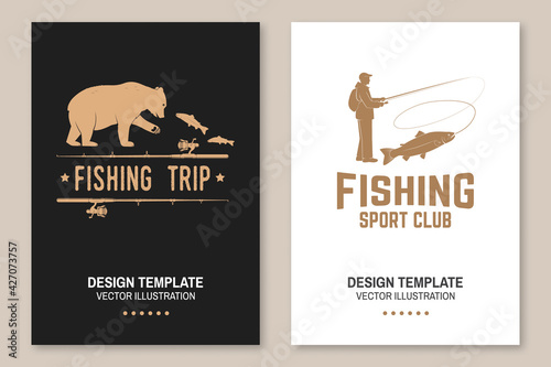 Fishing sport club. Vector illustration Flyer, brochure, banner, poster design with bear, fisherman and rainbow trout silhouette. Outdoor adventure fishing club emblem