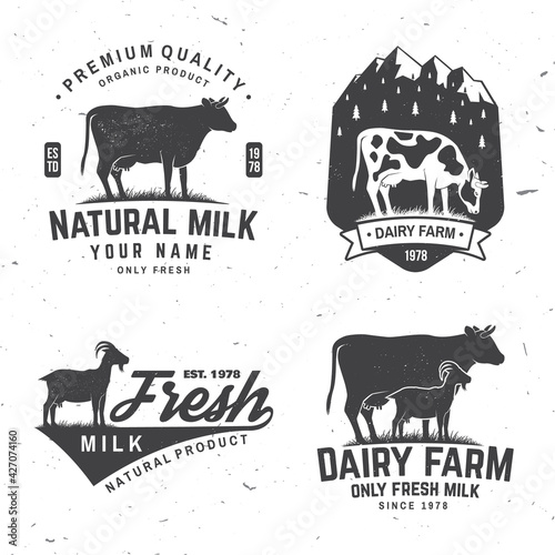 Dairy farm. Only fresh milk badge, logo. Vector. Typography design with cow , goat silhouette. Template for dairy and milk farm business - shop, market, packaging and menu