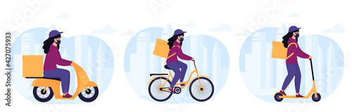 Delivery of food and medications to home. Woman courier in protective mask delivers parcel by electric scooter, by motorcycle, by bike